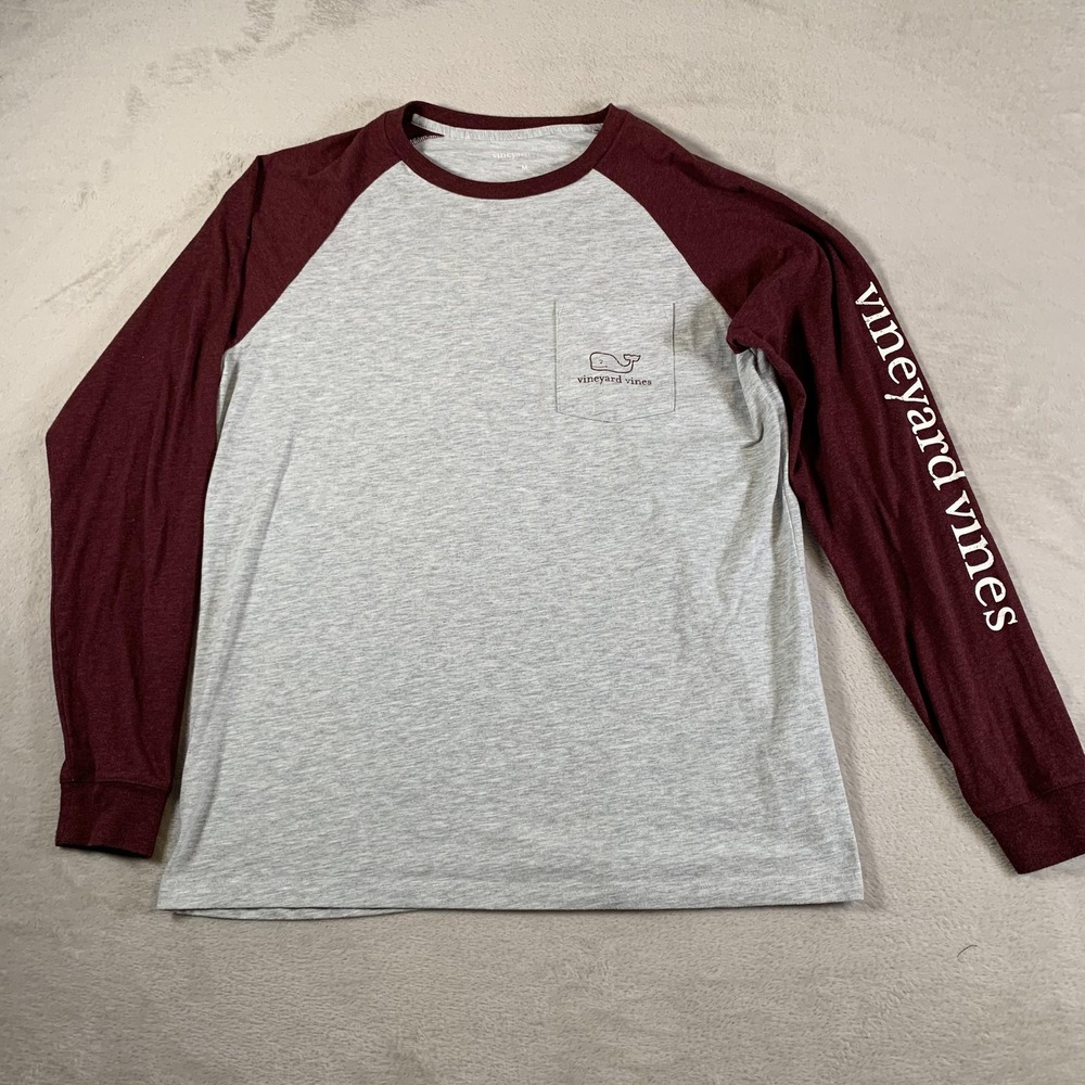 Vineyard Vines Shirt Mens Medium Gray Maroon Long Sleeve Whale Pocket Crewneck
